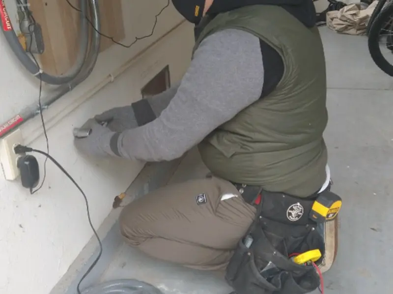 Electrician performing outlet wiring in a Waterboro garage